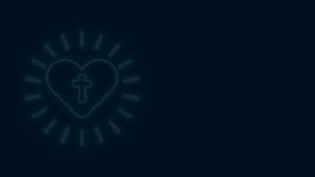 Glowing neon line Christian cross and heart icon isolated on black background. Happy Easter. 4K Video motion graphic animation.
