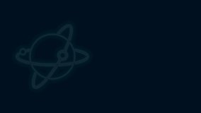 Glowing neon line Artificial satellites orbiting the planet Earth in outer space icon isolated on black background. Communication, navigation concept. 4K Video motion graphic animation.
