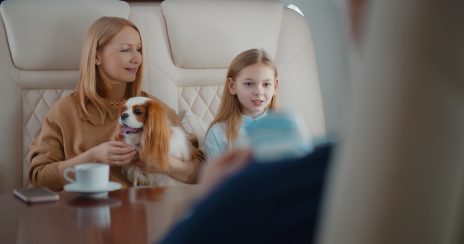 Wealthy family with dog travelling together by private business plane. Portrait of little daughter, mother, father and cocker spaniel flying in first class jet Royalty-Free Stock Footage #1070268250