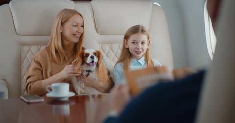 Wealthy family with dog travelling together by private business plane. Portrait of little daughter, mother, father and cocker spaniel flying in first class jet