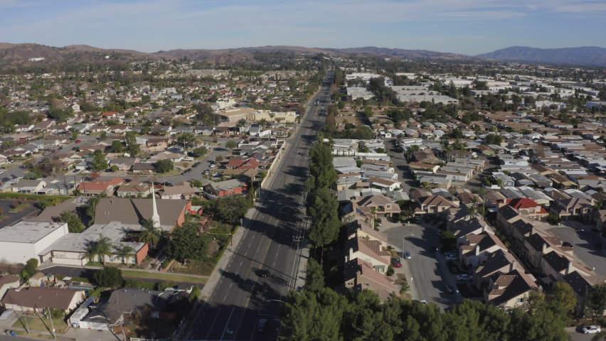 Day time aerial view of a suburban residential area in Brea, California, USA.