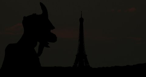 Paris Gargoyle Looks Eiffel Tower And City Skyline France Big Sun Sunrise Time L