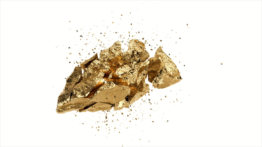 Glitter Golden Stone Nugget Cracked and Explode on White Background. Close-up Details of Big Gold Rock Ore. Concept Rich Capital. Gold Metal Reflection Stylish Art Backdrop Slow Motion Blast Footage Royalty-Free Stock Footage #1070276602