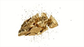 Glitter Golden Stone Nugget Cracked and Explode on White Background. Close-up Details of Big Gold Rock Ore. Concept Rich Capital. Gold Metal Reflection Stylish Art Backdrop Slow Motion Blast Footage - Powered by Shutterstock - Get 15% off with code: PIKWIZARD15