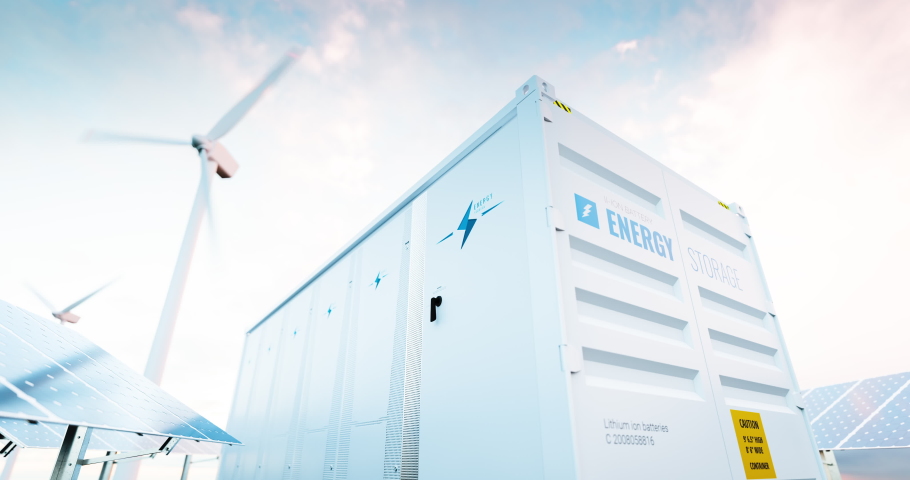 Modern battery energy storage system with wind turbines and solar panel power plants in background. 3d rendering clip. | Shutterstock HD Video #1070281480