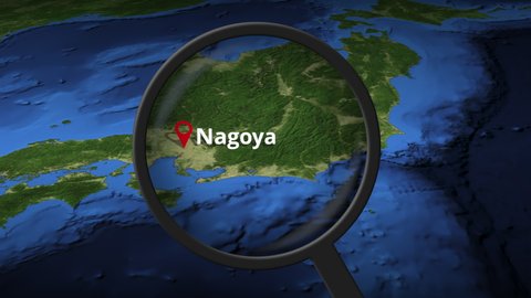 Loupe finds Nagoya city on the map 3d