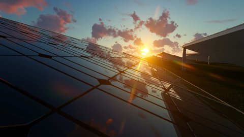 Beautiful sunset and clouds over solar panel