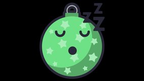 Sleep Christmas Ball Face Animated Emoji Isolated on Transparent Background, 4K Ultra HD ProRes 4444, Video Motion Graphic and Loop Animation.