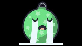 Cry Christmas Ball Face Animated Emoji Isolated on Transparent Background, 4K Ultra HD ProRes 4444, Video Motion Graphic and Loop Animation.