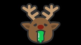 Puke Christmas Deer Face Animated Emoji Isolated on Transparent Background, 4K Ultra HD ProRes 4444, Video Motion Graphic and Loop Animation.