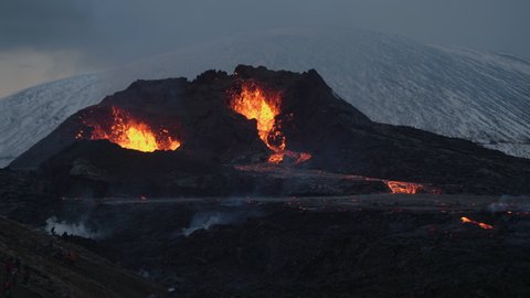 Erupting Volcano And Molten Magma In Geldingadalir, Iceland - wide shot