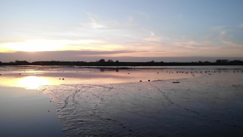 Bird flying over reflective surface showing beautiful sunset. Drone slow motion.