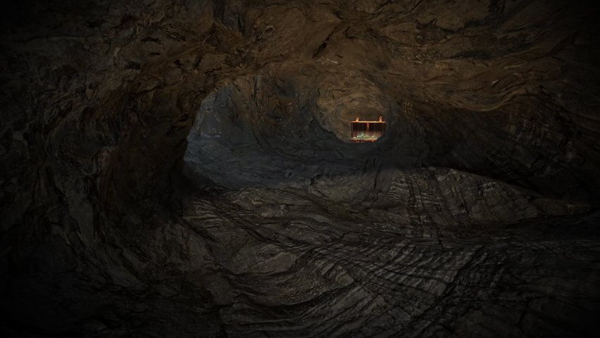 A treasure chest hidden deep within a cave, full of gold coins, gold chalices, goblets, emeralds, and gemstones.