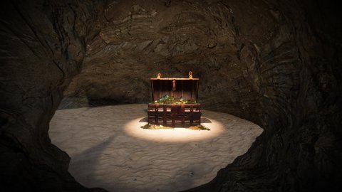 A treasure chest hidden deep within a cave, full of gold coins, gold chalices, goblets, emeralds, and gemstones.