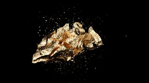 Glitter Golden Stone Nugget Cracked and Explode on Black Background. Close-up Details of Big Gold Rock Ore. Concept Rich Capital. Gold Metal Reflection Stylish Art Backdrop Slow Motion Blast Footage