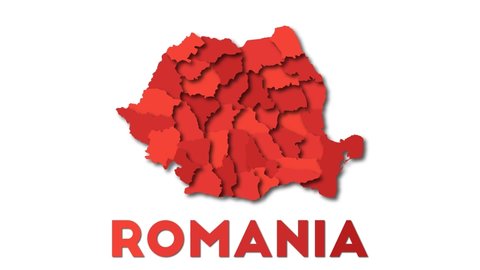 Romania map showing regions. Animated country map with title. 4k resolution animation.
