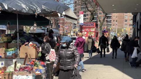 NYC, USA - APR 3, 2021: fruit stand on street on 71st Ave and Austin St in Forest Hills Queens New York City.