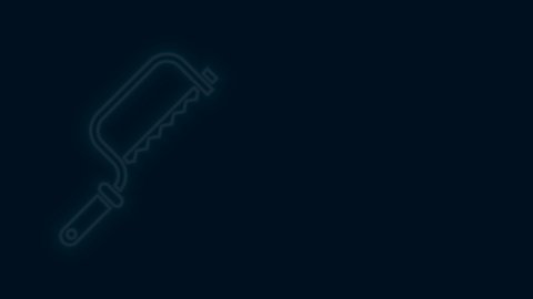 Glowing neon line Hacksaw icon isolated on black background. Metal saw for wood and metal. 4K Video motion graphic animation.