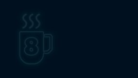 Glowing neon line Coffee cup with 8 March icon isolated on black background. Tea cup. Hot drink coffee. International Happy Women Day. 4K Video motion graphic animation.