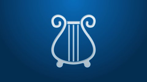 White line Ancient Greek lyre icon isolated on blue background. Classical music instrument, orhestra string acoustic element. 4K Video motion graphic animation.