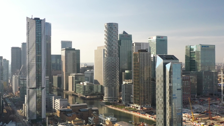 Lockdown Aerial view of Canary Wharf London financial, business and banking institutions | Shutterstock HD Video #1070323159