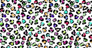 Animation seamless pattern faux leopard trendy skin. Abstract print spots skin Cheetah. Colorful cheetah leather camouflage on white background. 4K video graphic animation