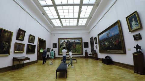 MOSCOW, RUSSIA - JULY, 2020: Tretyakov Gallery in Moscow. Halls and interiors. Masterpieces of world painting. Canvases. Shot in 4K.