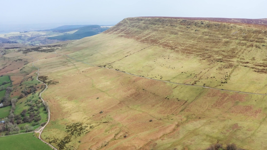 4k aerial view of rural Welsh farmland and countrside on the Wales-England border (Hay Bluff, Wales)