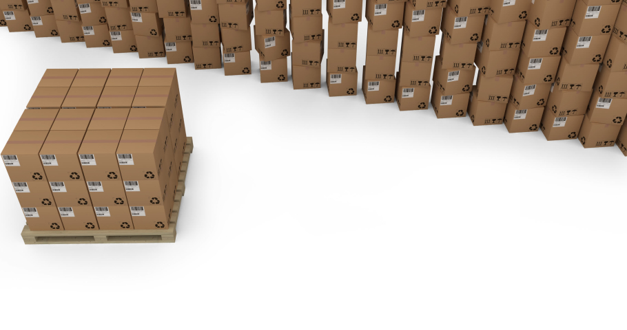Animation of multiple stacked up cardboard boxes on white background. global shipping, delivery and online shopping concept digitally generated video.