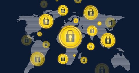 Animation of yellow padlock icons over world map on blue background. global travel, restrictions and connections concept digitally generated video.