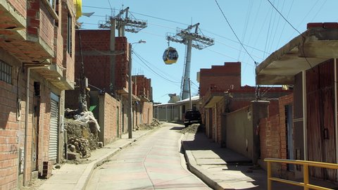 Mi Teleferico, the Cable Car System of La Paz, and Poor Houses in El Alto, Bolivia, South America. 4K Resolution.