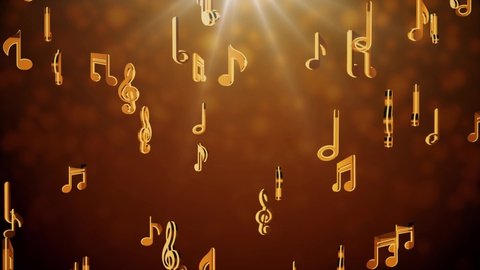 3D Music Notes Flowing Simulation, Falling on Golden Loop Background Animation Green Screen. event, concert, title, festival, music videos. art, show, party, Award, fashion. night club stage.