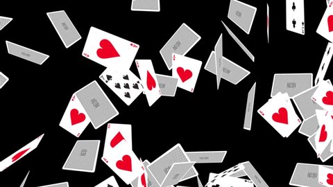 Playing cards fall down 4K 3D Alpha Green Screen loop Animation. Card game, casino or gambling scene. Casino, Chips, Poker, Blackjack, Ace, Betting, Gaming, Black jack, Luck, Jack, Win, King, Queen,