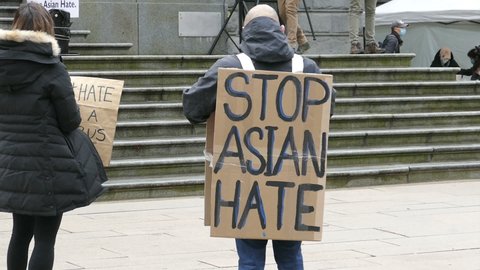 VANCOUVER, BC, CANADA, MARCH 28th, 2021: The people of Vancouver take part in the peaceful “Stop Asian Hate” rally on March 28th, 2021 carrying signs and letting their voices be heard.