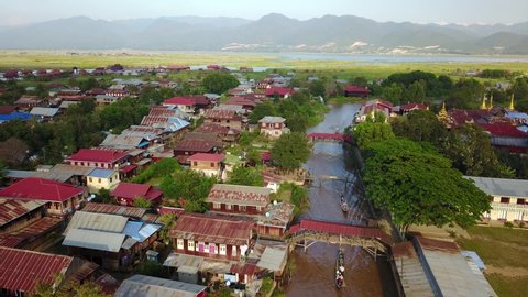 Traditional Floating Fishing Village and Boat Canal, Inle Lake, Myanmar or Burma, Aerial