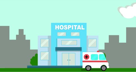 Medical concept with hospital building and ambulance car in flat style. 4K  Video motion graphic animation