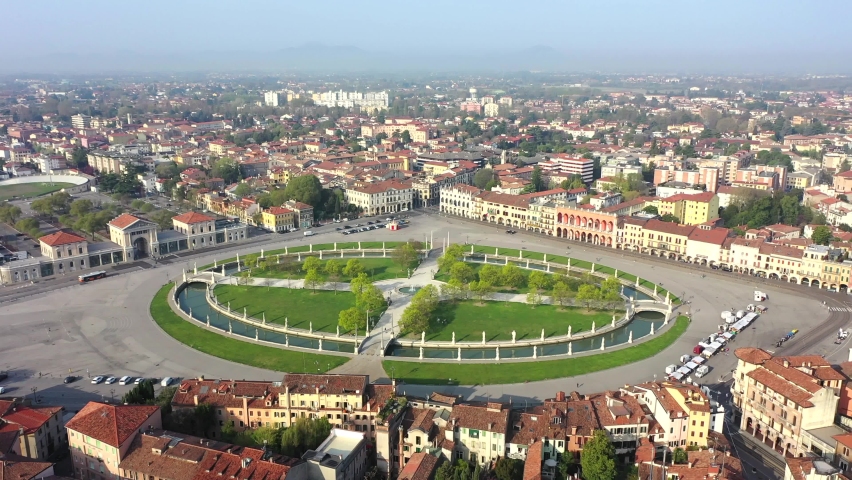 Padua, Veneto, Italy. Prato della Valle, the Abbey of Santa Giusta and the Basilica of Sant'Antonio.
Aerial shot with drone of the historic center of Padua