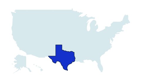 US texas state map animation. United states of America country - high detailed motion illustration map. 4k animated video with blinking red and blue highlighted state 