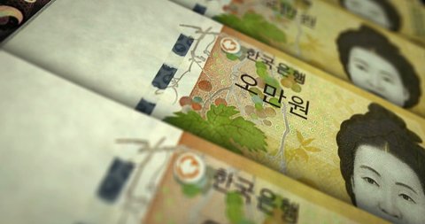 South Korea Won banknote loop. KRW money texture. Concept of economy, business, crisis, banking, recession, debt and finance. Moving over note. Loopable seamless 3d animation.