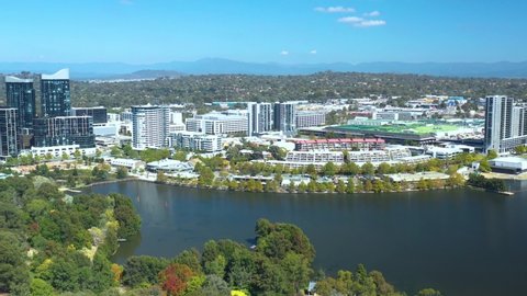 Aerial view of Belconnen Town Centre and Lake Ginninderra on a sunny day in Canberra, Australia 