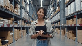 Portrait of attractive young Asia businesswoman manager smiling charmingly looking at camera hold digital tablet stand in retail shopping center. Distribution, Logistics, Packages ready for shipment. - Powered by Shutterstock - Get 15% off with code: PIKWIZARD15
