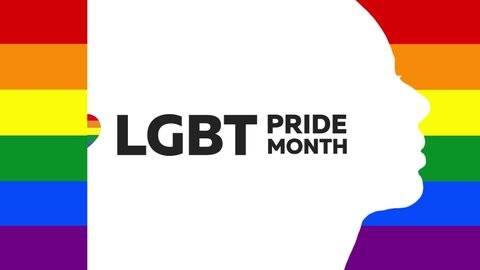 LGBT Pride Month Banner Animation with Rainbow Pride Flag and Face Silhouette. Lesbian Gay Bisexual Transgender. LGBT love concept. Human rights and tolerance. Animated poster, banner, background.
