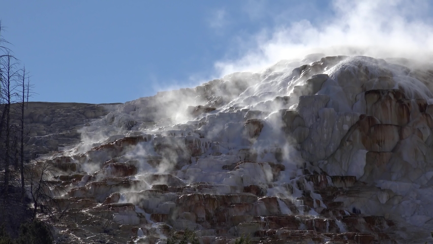 Mammoth Hot Springs Terraces (Canary Spring) from the Grand Loop Road. Yellowstone NP, Wyoming, USA