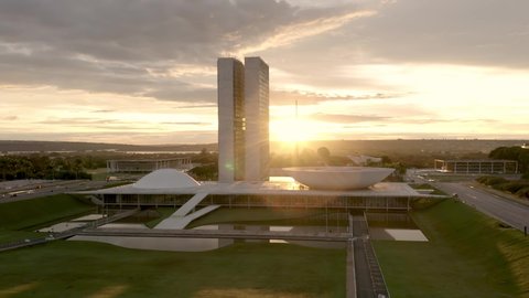Brasilia, DF, Brazil, FEB - 18 - 2021 - Brasilia at dawn, flight over the ministries and the national congress, dawn in Brasilia