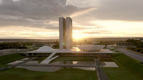 Brasilia, DF, Brazil, FEB - 18 - 2021 - Brasilia at dawn, flight over the ministries and the national congress, dawn in Brasilia