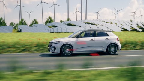 Generic electric car driving through green landscape with solar panels and wind turbines in background. Realistic 3d animation. Generic car and logo design, no intellectual property infringement.