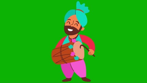 Vector graphic illustration of Punjabi man playing dhol. Individually on a Green Screen background.