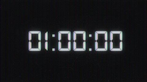 One minute digital clock countdown timer of glowing led white digits on black background. 60 Seconds Stopwatch. LCD display or CRT monitor Screen. 30 or 10 seconds