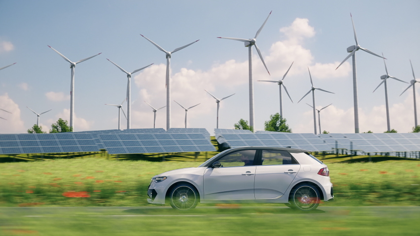 Generic electric car driving through green landscape with solar panels and wind turbines in background. Realistic 3d animation. Generic car and logo design, no intellectual property infringement. Royalty-Free Stock Footage #1070375482