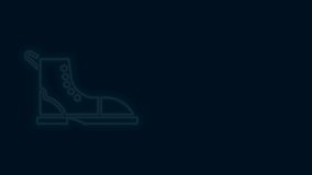 Glowing neon line Hiking boot icon isolated on black background. 4K Video motion graphic animation.